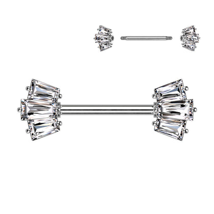 316L Surgical Steel White CZ Triple Baguette Cut Gem Nipple Ring Barbell