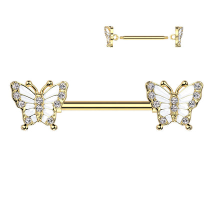 316L Surgical Steel Gold PVD White CZ Butterfly Nipple Ring Straight Barbell