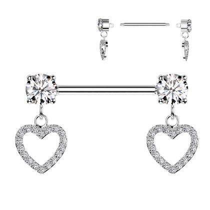 316L Surgical Steel White CZ Heart Outline Dangle Straight Barbell Nipple Ring