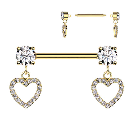 316L Surgical Steel Gold PVD White CZ Heart Outline Dangle Straight Barbell Nipple Ring