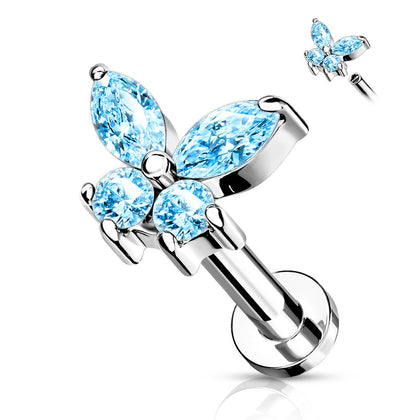 316L Surgical Steel Aqua CZ Dainty Butterfly Flat Back Labret