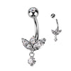 316L Surgical Steel White CZ 3 Petal Flower With Single Gem Dangle