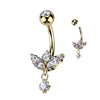 316L Surgical Steel Gold PVD White CZ 3 Petal Flower With Single Gem Dangle