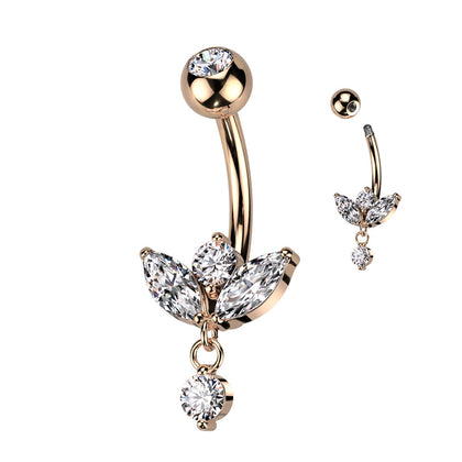 316L Surgical Steel Rose Gold PVD White CZ 3 Petal Flower With Single Gem Dangle