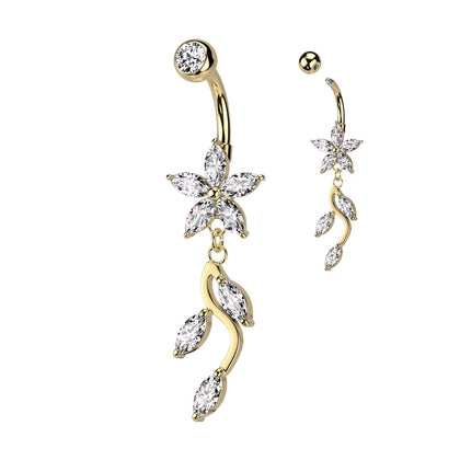 316L Surgical Steel Gold PVD White CZ Flower Vine Dangle Belly Ring