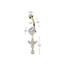 316L Surgical Steel Gold PVD White CZ Lotus With Teardrop Dangle Belly Ring