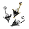 316L Surgical Steel Black CZ Triangle With White CZ Gem Belly Ring