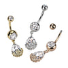 316L Surgical Steel Gold PVD White CZ Teardrop With Flowers Dangly Belly Ring - Pierced Universe