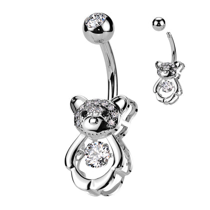 316L Surgical Steel White CZ Gem Teddy Bear Belly Ring