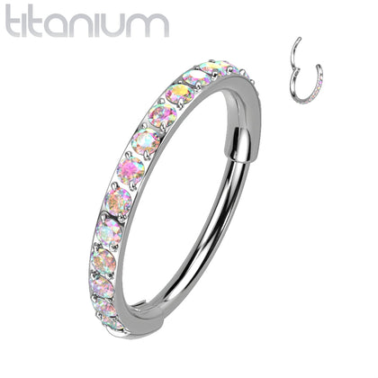 Implant Grade Titanium Pave Aurora Borealis CZ Nose Hoop Hinged Clicker Ring - Pierced Universe