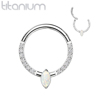 Implant Grade Titanium Pave CZ White Opal Marquise Gem Hinged Clicker Hoop