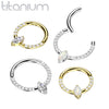 Implant Grade Titanium Gold PVD Pave CZ White Opal Marquise Gem Hinged Clicker Hoop