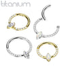 Implant Grade Titanium Gold PVD Pave White CZ Marquise Gem Hinged Clicker Hoop