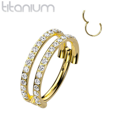 Implant Grade Titanium Gold PVD Double White CZ Pave Hinged Clicker Hoop