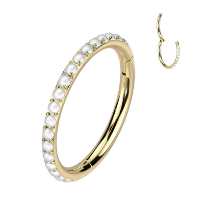 Implant Grade Titanium Gold PVD Pearl Studded Hinged Cartilage Clicker Hoop - Pierced Universe