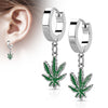 Pair of 316L Surgical Steel Green Marijuana Weed Leaf Dangle Hoop Earrings