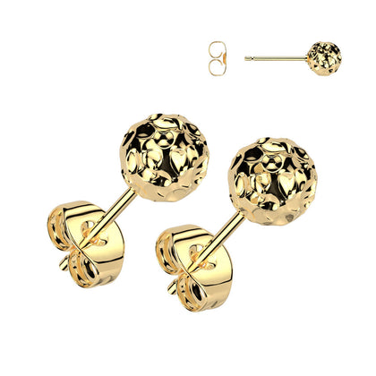 Pair of 316L Surgical Steel Gold PVD Hammered Ball Stud Earrings - Pierced Universe