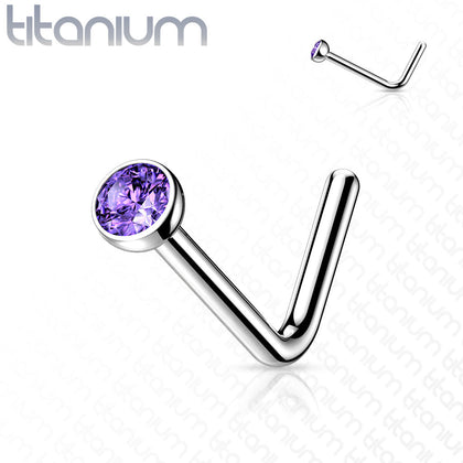 Implant Grade Titanium L-Shape Purple CZ Nose Ring Stud - Pierced Universe