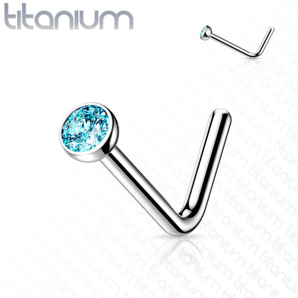 Implant Grade Titanium L-Shape Aqua CZ Nose Ring Stud - Pierced Universe