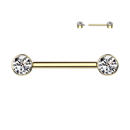 Implant Grade Titanium Gold PVD Nipple Barbell With Internally Threaded White CZ Gems - Pierced Universe