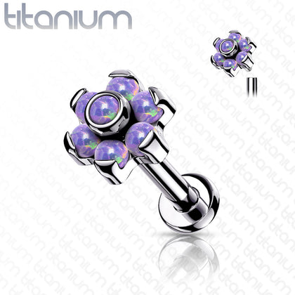 Implant Grade Titanium Purple Opal Flower Internally Threaded Flat Back Labret