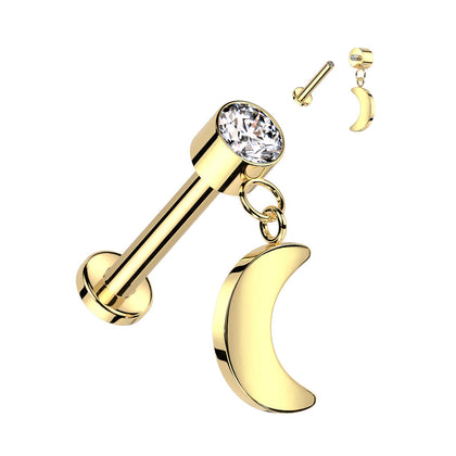 Implant Grade Titanium Gold PVD White CZ Crescent Moon Dangle Flat Back Labret