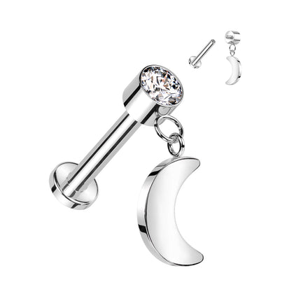 Implant Grade Titanium White CZ Crescent Moon Dangle Flat Back Labret