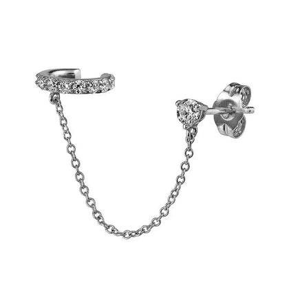 925 Sterling Silver Chain Connected CZ Stud With Faux Cartilage Conch Hoop