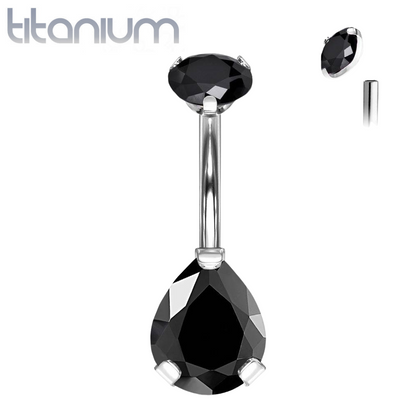 Implant Grade Titanium Internally Threaded Pear Teardrop Black CZ Belly Ring - Pierced Universe