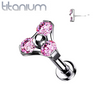 Implant Grade Titanium Threadless Push In Tragus/Cartilage Pink CZ Trillium With Flat Back