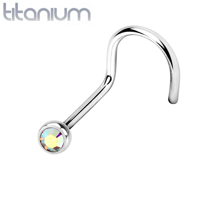 Implant Grade Titanium Corkscrew Bezel Aurora Borealis CZ Gem Nose Pin Ring - Pierced Universe