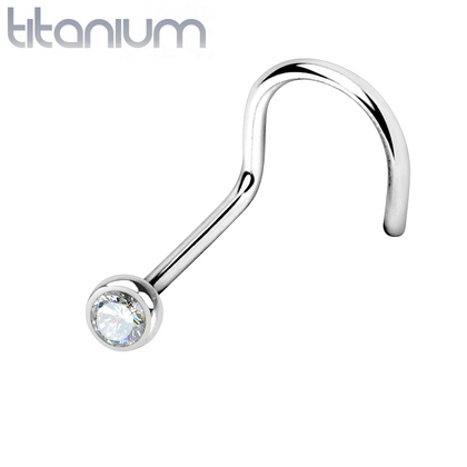 Implant Grade Titanium Corkscrew Nose Ring Stud with Bezel White CZ Gem - Pierced Universe