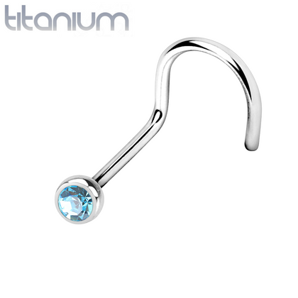 Implant Grade Titanium Corkscrew Bezel Aqua CZ Gem Nose Pin Ring - Pierced Universe