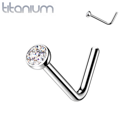 Implant Grade Titanium L Shape White CZ Nose Stud - Pierced Universe