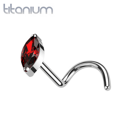 Implant Grade Titanium Red Marquise CZ Gem Corkscrew Nose Ring Stud