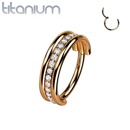 Implant Grade Titanium Rose Gold PVD White CZ Pave Center Hinged Clicker Hoop - Pierced Universe