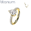 Implant Grade Titanium Gold PVD White CZ With Pear Shaped Center Hinged Clicker Hoop - Pierced Universe