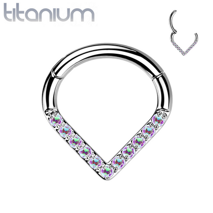 Implant Grade Titanium V Shaped Septum Ring Clicker Hoop Aurora Borealis CZ Gems - Pierced Universe