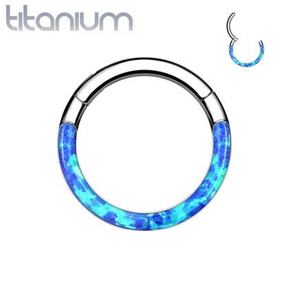 Implant Grade Titanium Blue Opal Inlay Septum Daith Clicker Hinged Hoop Ring - Pierced Universe