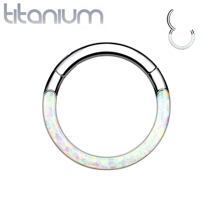 Implant Grade Titanium White Opal Inlay Septum Daith Clicker Hinged Hoop Ring - Pierced Universe