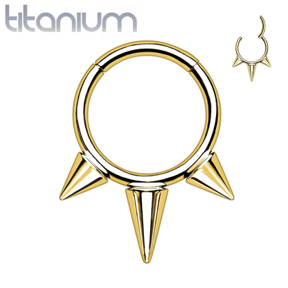 Implant Grade Titanium Gold PVD Spike Hinged Septum Ring Hoop Clicker - Pierced Universe