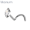 Implant Grade Titanium White Marquise CZ Gem Corkscrew Nose Ring Stud