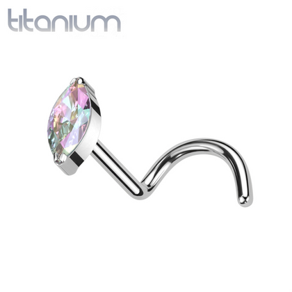 Implant Grade Titanium Aurora Borealis Marquise CZ Gem Corkscrew Nose Ring Stud