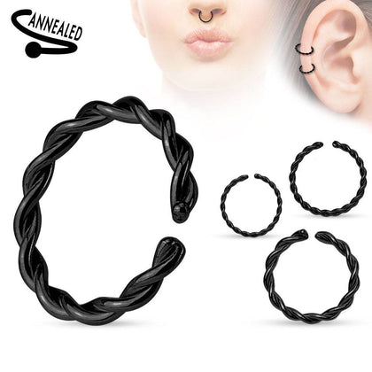 Black Plated Multi-Use 316L Surgical Steel Braided Twisted Nose Hoop Ring - Pierced Universe