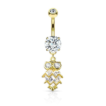 Cute Small CZ Dangle Owl Gold PVD Surgical Steel Belly Ring