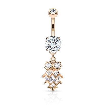 Cute Small CZ Dangle Owl Rose Gold PVD Surgical Steel Belly Ring - Pierced Universe