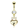 CZ Ribbon Bow Gold Plated Heart Dangle Surgical Steel Belly Button Navel Ring