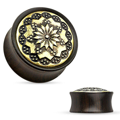 Double Flared Saddle Black Ebony Wood Ear Gauges Plugs with Bronze Floral Pattern Carvings