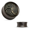 Double Flared Saddle Black Ebony Wood Ear Gauges Plugs with Bronze Tribal Pattern Carvings