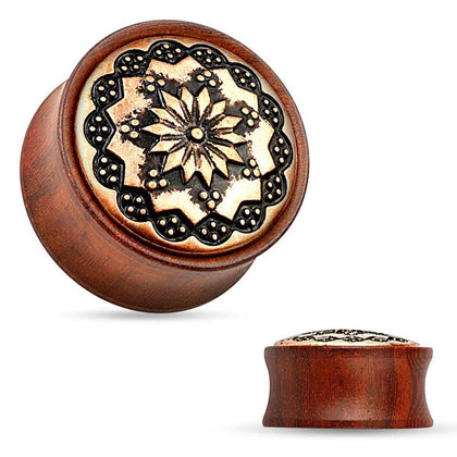 Double Flared Saddle Light Brown Rose Wood Ear Gauges Plugs with Bronze Pattern Carvings Center